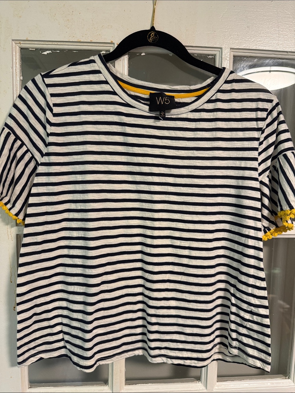 W5 Black & White Striped Tee with Yellow Trim
